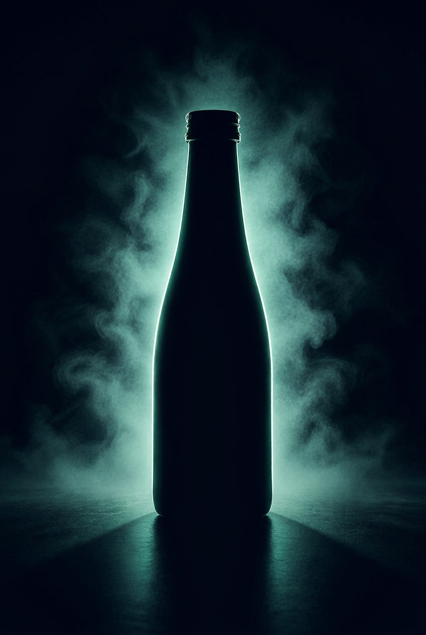 Silhouette of the unreleased Lamu Cooler bottle, lit with mint rim light
