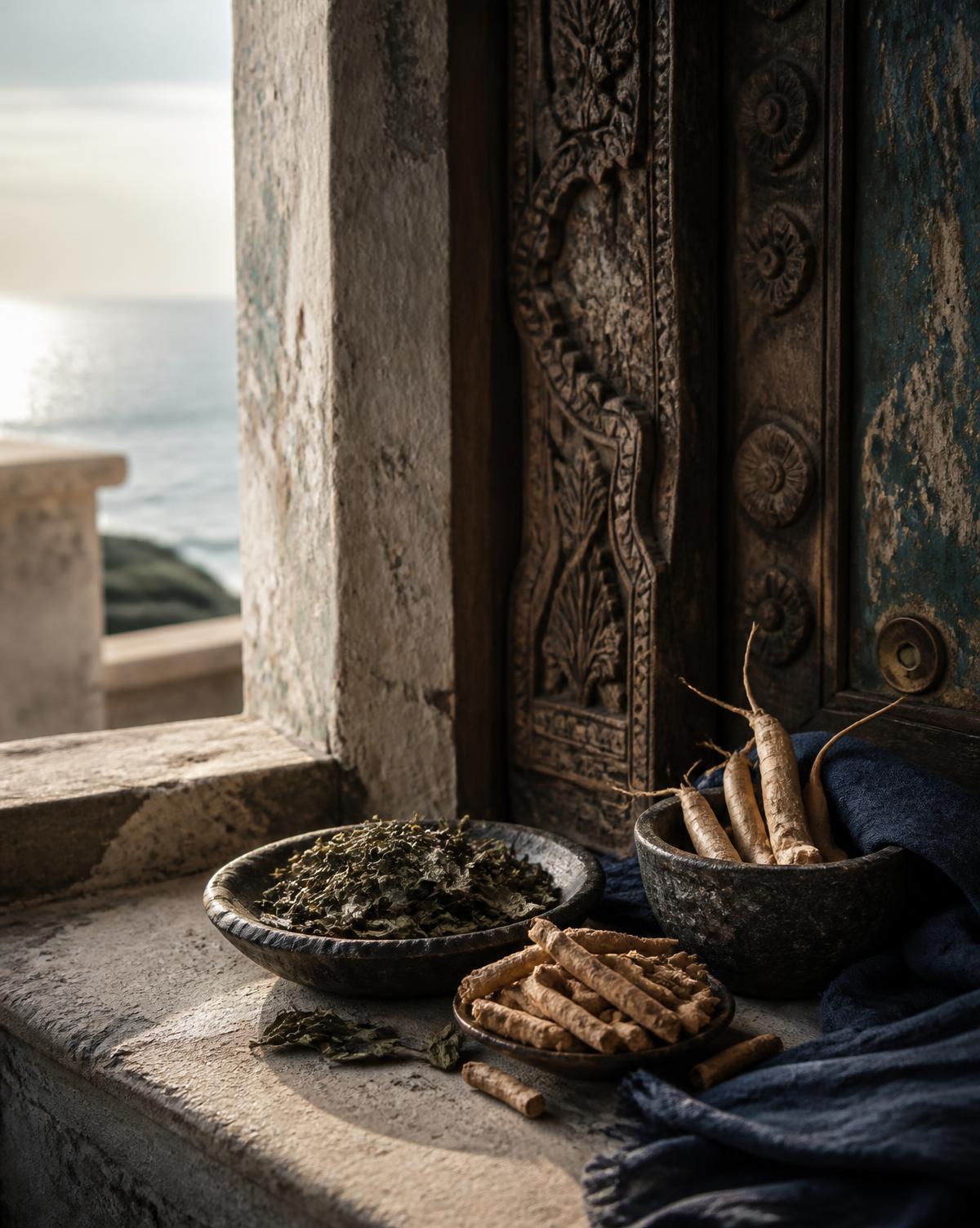 Carved Swahili doorway and bowls of dried adaptogen botanicals in coastal light